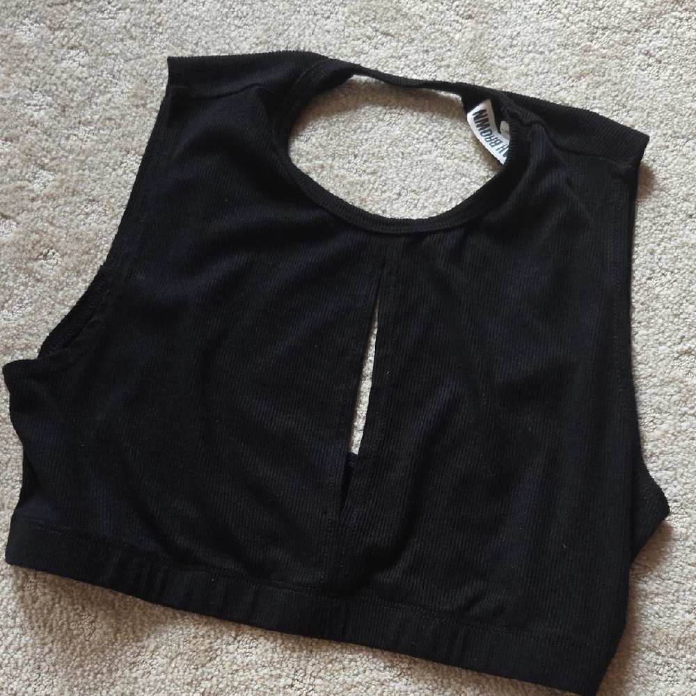 AMO Black Ribbed Crop Top with Center Keyhole